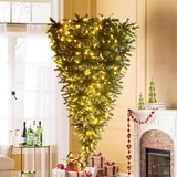 Upside Down Green Christmas Tree, with LED Warm White Lights, Green Leaves with Part Spraying White, Reinforced Metal Base & Easy assembly 7.4ft PX293824AAF