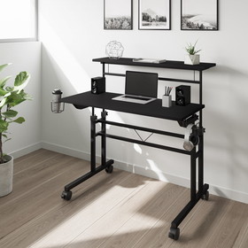 Techni Mobili Rolling Writing Desk with Height Adjustable Desktop and Moveable Shelf, Black RTA-3800SU-BK