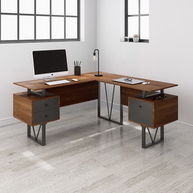 Techni Mobili Reversible L-Shape Computer Desk with Drawers and File Cabinet, Walnut RTA-4809DL-WAL
