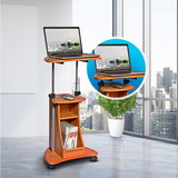 Techni Mobili Sit-to-Stand Rolling Adjustable Height Laptop Cart with Storage, Woodgrain RTA-B002-WG01