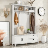 On-Trend Style Hall Tree with Storage Cabinet and 2 Large Drawers, Widen Mudroom Bench with 5 Coat Hooks, White