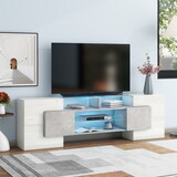 ON-TREND Unique Shape TV Stand with 2 Illuminated Glass Shelves, High Gloss Entertainment Center for TVs Up to 80