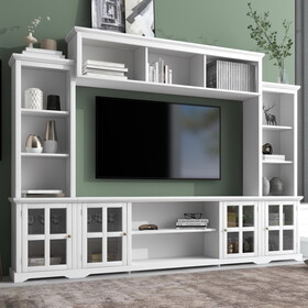 ON-TREND Minimalism Style Entertainment Wall Unit with Bridge, Modern TV Console Table for TVs Up to 70", Multifunctional TV Stand with Tempered Glass Door, White (Old SKU: SD000009AAK)