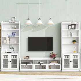 ON-TREND Chic Elegant Entertainment Wall Unit with Tall Cabinets, TV Console Table for TVs Up to 65", Multifunctional TV Stand Set with Acrylic Board Door, White