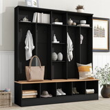 ON-TREND Wide Design Hall Tree with Storage Bench, Minimalist Shoe Cabinet with Cube Storage & Shelves, Multifunctional Coat Rack with 8 Hooks for Entryways, Mudroom, Black