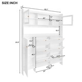 ON-TREND Multifunctional Shoe Cabinet with Storage Shelf & 6 Flip Drawers, Large Hall Tree with Tempered Glass Doors, Elegant Foyer Cabinet with 4 Hooks for Hallway, White SD000027AAB