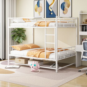 Full over Full Metal Bunk Bed with Shelf and Guardrails, White