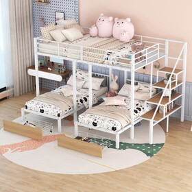 Full over Twin-Twin Triple bunk bed with drawers and staircase, White