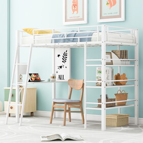 Twin Size Loft Metal Bed with 3 Layers of Shelves and Desk, Stylish Metal Frame Bed with Whiteboard, White