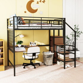 Full Size Metal Loft Bed with Desk and Metal Grid, Stylish Metal Frame Bed with Lateral Storage Ladder and Wardrobe, Black