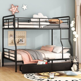 Full XL over Queen Metal Bunk Bed with 2 Drawers, Black