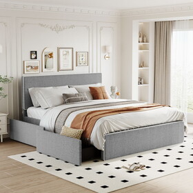 Queen Size Upholstered Platform Bed with 4 Drawers and White Edge on the Headboard & Footboard, Gray