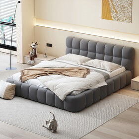 Queen Size Upholstered Platform Bed with Thick Fabric, Grounded Bed with Solid Frame, Gray
