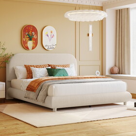 Teddy Fleece Queen Size Upholstered Platform Bed with Thick Fabric, Solid Frame and Stylish Curve-shaped Design, Beige SF000067AAA