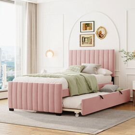 Twin Size Velvet Upholstered Platform Bed with Twin Size Trundle, Pink SF000069AAA