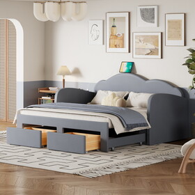 Twin Size Upholstered daybed with Cloud-Shaped Backrest, Trundle and 2 Drawers, Gray SF000070AAE