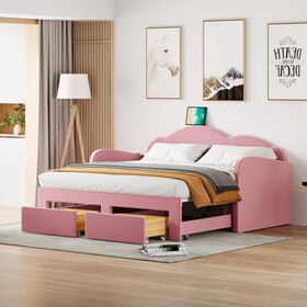 Twin Size Upholstered daybed with Cloud-Shaped Backrest, Trundle and 2 Drawers, Pink SF000070AAH