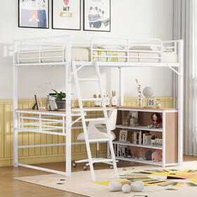 Full Size Metal Loft Bed with 3 Layers of Shelves and L-shaped Desk, White SF000080AAK