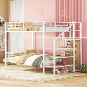 Full over Full Metal Bunk Bed with Lateral Storage Ladder and Wardrobe, White MF315578AAB