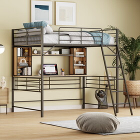 Full Size Loft Bed with Desk and Shelf, Loft Bed with Ladder,Full,Black