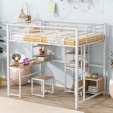 Full Size Loft Bed with Desk and Stool, Metal Loft Bed with Open-Style Wardrobe, Shelves and Cabinet, White P-SF000086AAB