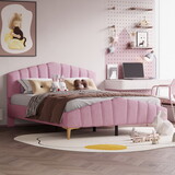 Queen Size Velvet Platform Bed with Thick Fabric, Stylish Stripe Decorated Bedboard and Elegant Metal Bed Leg, Pink SF000090AAA