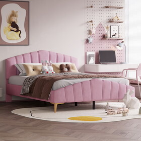 Queen Size Velvet Platform Bed with Thick Fabric, Stylish Stripe Decorated Bedboard and Elegant Metal Bed Leg, Pink SF000090AAA