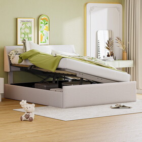 Full Size Sleigh Bed with Side-Tilt Hydraulic Storage System, Linen Upholstery, Beige SF000109AAA