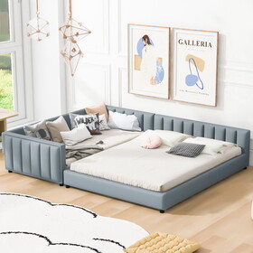 Queen Size & Twin XL Size Upholstered Platform Bed, Mother & Child Bed, PU Leather, Gray SF000115AAA