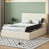 Full Size Upholstered Platform Bed with Lateral Storage Compartments and Thick Fabric, Velvet, Beige SF000123AAA