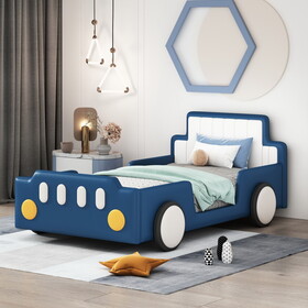 Twin Size Race Car-Shaped Platform Bed with Wheels, Blue SF000127AAC