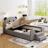 Twin Size Upholstered Daybed with Bear Shaped Headboard, Hydraulic System and Breathable Mesh Fence, Gray SF000129AAD