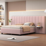 Queen Size Upholstered Platform Bed with Big Headboard, Bedroom Furniture, Velvet, Pink