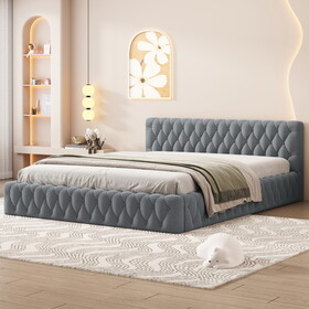 Queen Size Velvet Upholstered Platform Bed, with Luxurious Diamond Grid Headboard,Gray