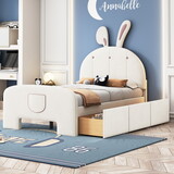 Twin Size Velvet Platform Bed with Rabbit-Shaped Headboard, with Drawers, with Bed-End Storage Pocket, Beige