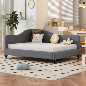 Full Size L-Shaped Linen Daybed,with Solid Wood Legs,Gray