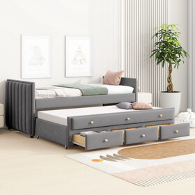 Twin Size Upholstered Daybed with Twin Size Trundle and Drawers, Velvet, Gray