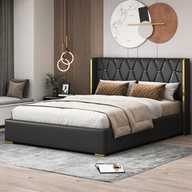 Queen Size Upholstered Platform Bed with Metal Strips, Black