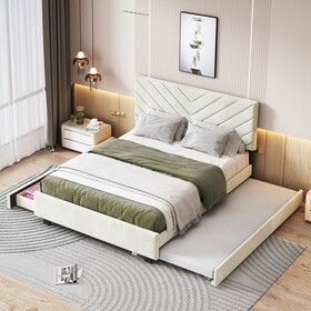 Queen Size Upholstered Platform Bed with Twill Headboard, Pullout Bed and Two Drawers, Flannel, Beige SF000152AAA