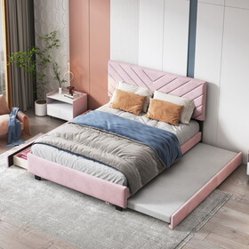 Queen Size Upholstered Platform Bed with Twill Headboard, Pullout Bed and Two Drawers, Flannel,Pink SF000152AAH