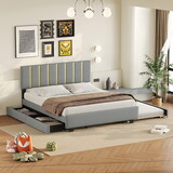 Queen Size Upholstered Platform Bed with 2 Drawers and 1 Double Trundle, Classic Metal Strip Headboard Design, Grey SF000159AAE