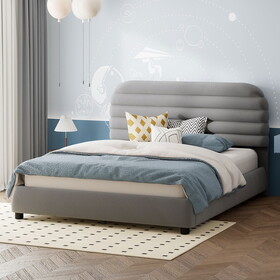 Queen Size Velvet Upholstered Platform Bed,Solid Frame and Stylish Curve-shaped Design, Gray SF000163AAE