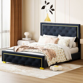 Queen Size Upholstered Platform Bed with Pull Point Headboard and Metal Wire Frame at The Head and Foot of The Bed, Metal Feet, Velvet, Black SF000167AAB