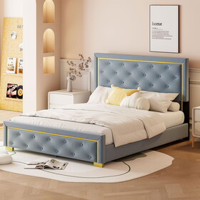 Queen Size Upholstered Platform Bed with Pull Point Headboard and Metal Wire Frame at The Head and Foot of The Bed, Metal Feet, Velvet, Gray SF000167AAE