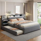 Queen Size Upholstered Platform Bed with Reading Lights, Drawers, Trundle and Shelves, Gray SF000187AAE