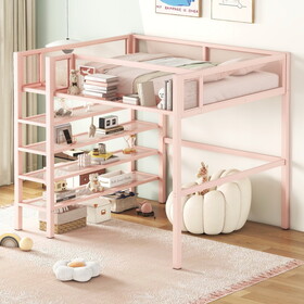 Full Size Metal Loft Bed with 4-Tier Shelves and Storage, Pink SF000247AAH