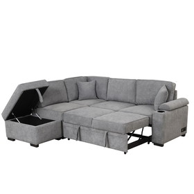 87.4" Sleeper Sofa Bed, 2 in 1 Pull Out Sofa Bed L Shape Couch with Storage Ottoman for Living Room, Bedroom Couch and Small Apartment, Gray