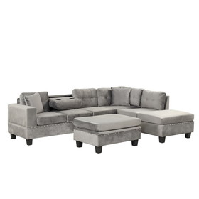 106.5" Sectional Sofa with Storage Ottoman, L-Shape Couch with 2 Pillows and Cup Holder, Sectional Sofa with Reversible Chaise for Living Room, Gray