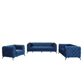Modern 3-Piece Sofa Sets with Sturdy Metal Legs,Velvet Upholstered Couches Sets Including Three Seat Sofa, Loveseat and Single Chair for Living Room Furniture Set,Blue SG000600AAC