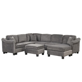 122.1" *91.3" 4pcs Sectional Sofa with Ottoman with Right Side Chaise velvet fabric Dark Gray